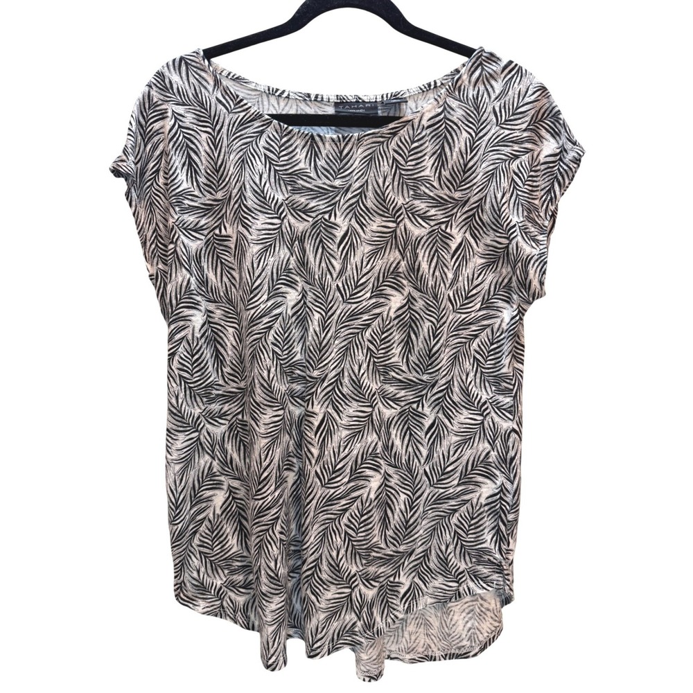 Tahari Linen Top Women L Black Palm Leaf Print Cap Sleeve Scoop Neck Tee Summer